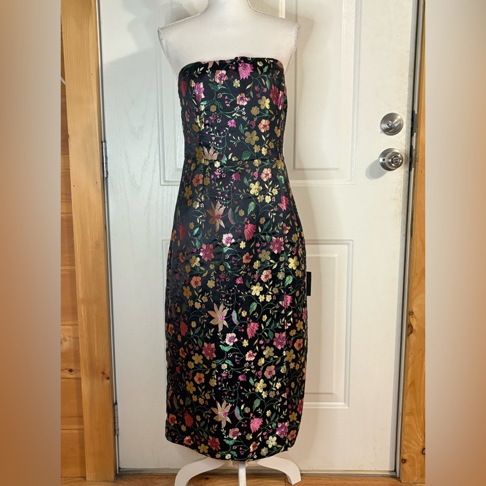 Lulu's Black Strapless Floral Midi Dress with Pink & Green Flowers - Picture 2 of 16